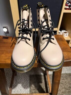 Dr. Martens Beige Lace-Up Boots with Yellow Stitching
